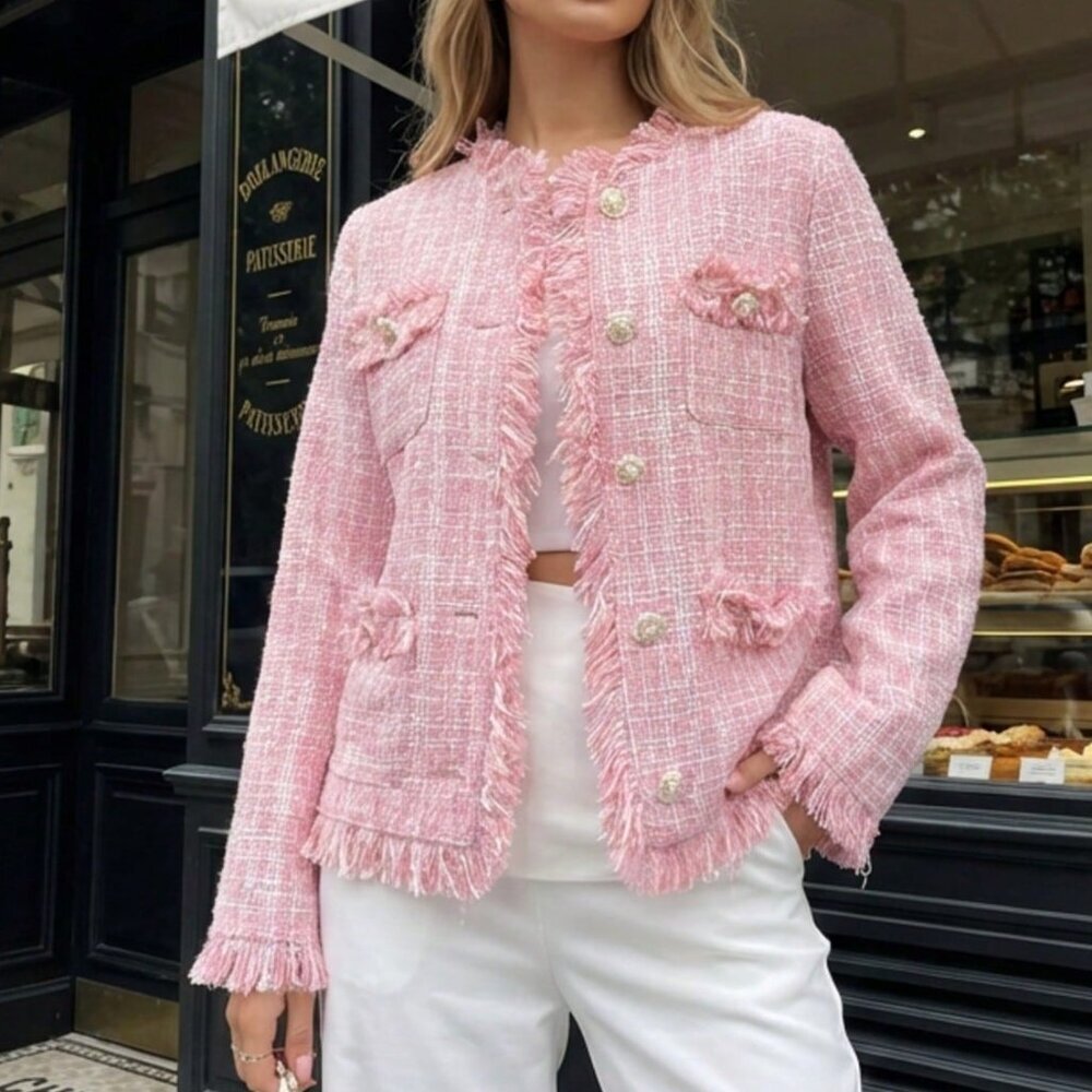 Pink Elegant Women's Tassel Fitted Jacket